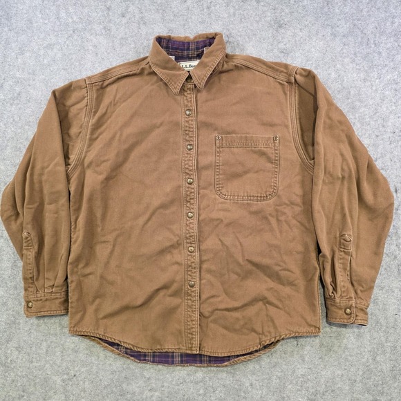 VTG LL Bean Shirt Jacket Mens Small? Brown Canvas Plaid Flannel Lined Workwear - Picture 2 of 12